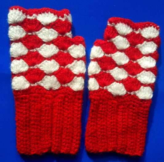 Graminarts Handmade woollen fingerless hand gloves for all medium adult hands-Red and White