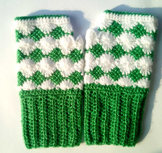 New Winter Warm Fingerless Handmade Boot Cuff Gloves -Parrot Green and White