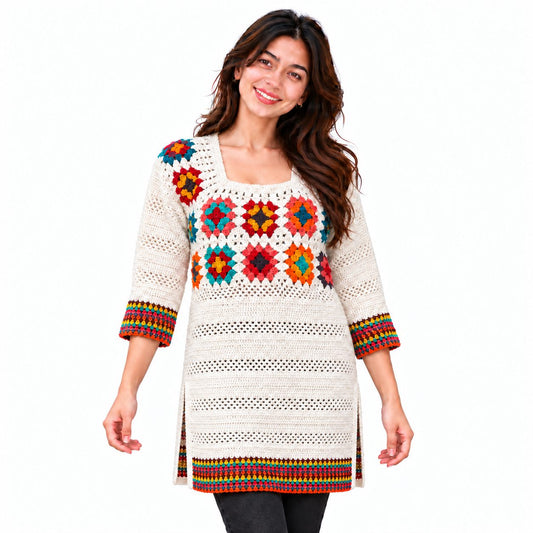 Unique and Beautiful Woollen White Base With Multicolor Design Kurti Handmade For Girls/Women