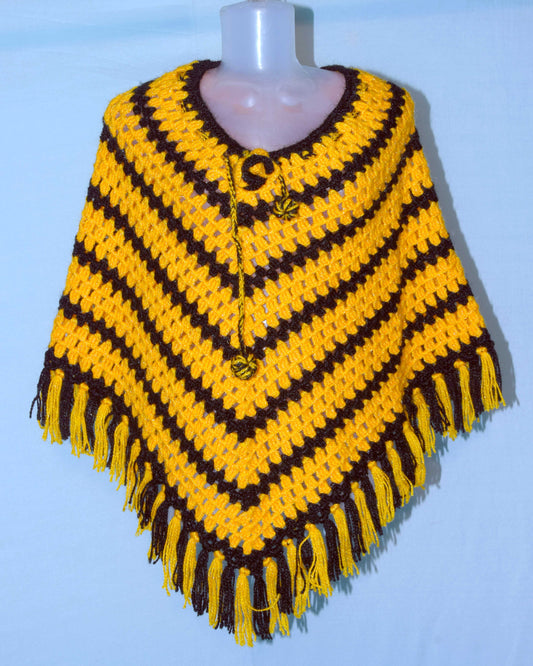 Orange and black color combi beautiful design poncho hand knitted woolen for women