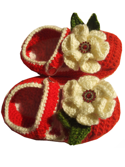 Beautiful Woolen Handmade Crochet Floral Baby Shoes Size 6 - 12 Month