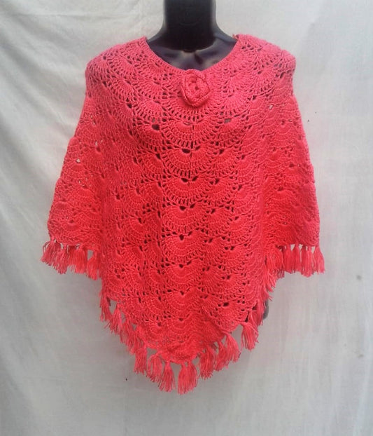 Graminarts Handmade Woolen Crochet Design Girls/Women Poncho - Rose Pink