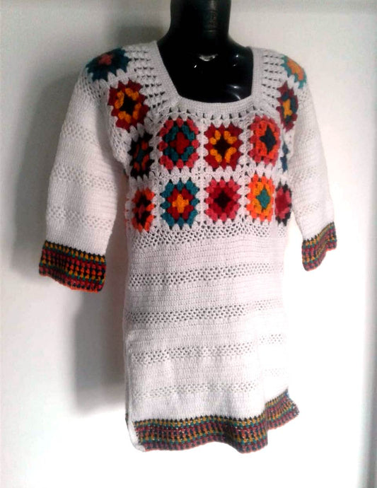 Unique and Beautiful Woollen White Base With Multicolor Design Kurti Handmade For Girls/Women