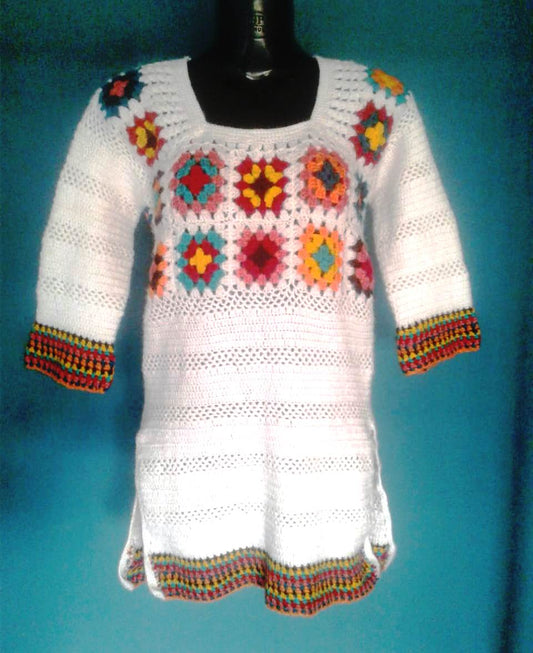 Unique and Beautiful Woollen White Base With Multicolor Design Kurti Handmade For Girls/Women